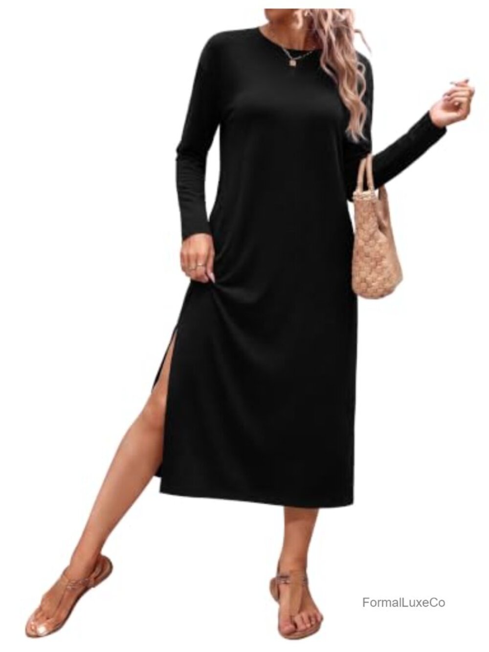 Quenteen Long Sleeve Midi Dress with Pockets Crewneck Split Casual